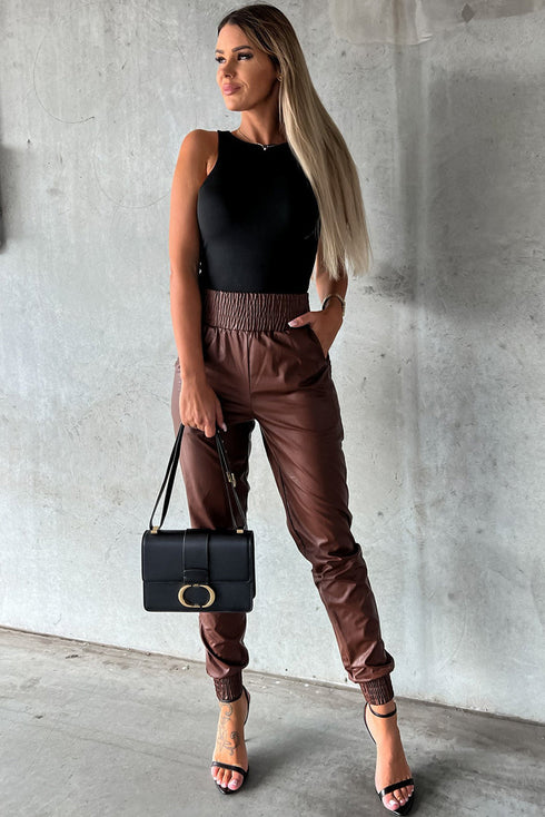 Smocked High-Waist Leather Skinny Pants